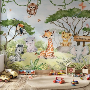 Carta da parati per bambini con animali da safari, palme, decorazione da parete, animali della giungla ad acquerello, arte murale per la cameretta dei bambini, stacca e attacca