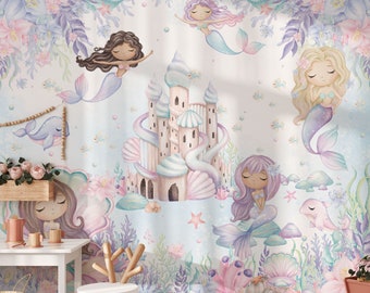 Papel tapiz de sirena para habitación de niña, mural submarino, arte floral autoadhesivo, decoración de ballenas y peces bajo el mar