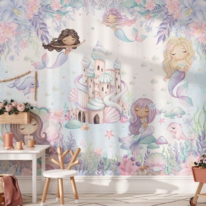 Mermaid Nursery Wallpaper Underwater Wall Mural For Girls Room Peel And Stick Floral Wall Art Under The sea Whale and Fish Decor
