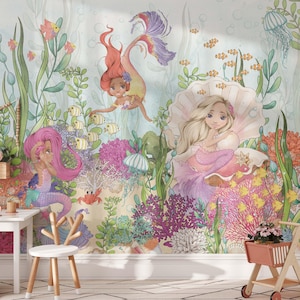 Carta da parati per bambini con sirena, murale subacqueo per la stanza delle bambine, stacca e attacca, arte floreale da parete, decorazione sottomarina con balene e pesci