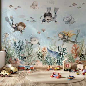 Carta da parati per bambini Under The Sea Little Divers Ocean Life Wall Art Watercolor Fish Wall Decor Marine Creatures Peel and Stick