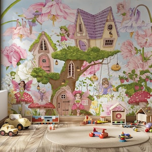 Carta da parati per cameretta dei bambini con casa sull'albero delle fate, foresta delle fate, stacca e attacca, decorazione da parete per la cameretta delle bambine, porta delle fate, carta da parati floreale