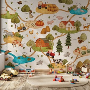 Papier peint pour chambre d'animaux de la ferme, carte routière de la ferme, papier peint autocollant, décoration pour chambre d'enfants, art mural neutre en matière de genre