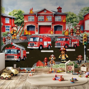 Carta da parati per bambini con camion dei pompieri ad acquerello, decorazione murale per la cameretta dei bambini, stacca e attacca