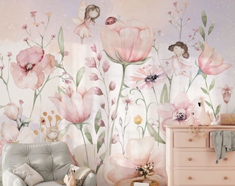 Fairy Nursery Wallpaper Watercolor Floral Wall Mural Peel And Stick Girls Room Wall Decor