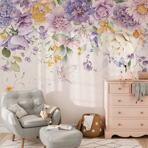 Carta da parati floreale di grandi dimensioni, murale floreale ad acquerello, peonia, decorazione da parete per cameretta delle bambine, fiori viola