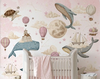 Papier peint pour chambre d'enfants, baleines, aquarelle, animaux de l'océan, art mural, espace et étoiles, décoration pour chambre d'enfants