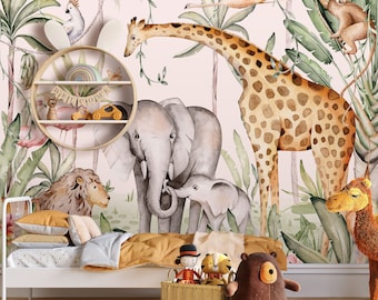 Papier peint animaux de safari, décoration murale pour chambre d'enfant, aquarelle, art mural, animaux de la jungle, décoration murale pour chambre d'enfants