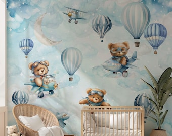 Carta da parati per cameretta dei bambini con mongolfiera blu, orsacchiotto volante, aviatore, aeroplani, decorazioni murali per cameretta dei ragazzi, cielo e nuvole