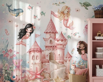 Papel tapiz de sirena para habitación de niña, mural submarino, arte floral autoadhesivo, decoración de ballenas y peces bajo el mar