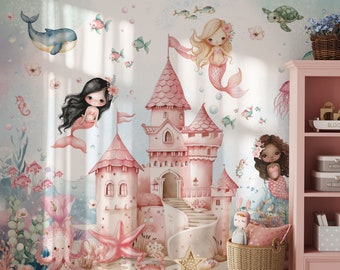 Papel tapiz de sirena para guardería, Mural de pared subacuático para habitación de niñas, arte de pared Floral, decoración de ballena y pez bajo el mar