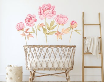 Peonies nursery wall decal, Flower wall sticker, Soft pink flower decals, Peel and stick