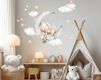 Bunny on the moon, nursery wall decal, clouds wall sticker, watercolor animals, forest animals, wall decal for kids, Sleeping animals