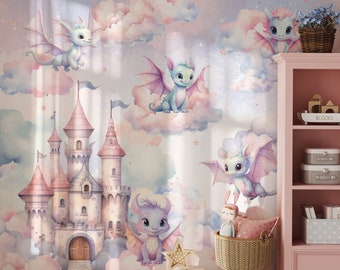 Papier peint pour chambre de bébé dragon rose pour chambre de fille, art mural château de fées, décoration murale ciel et nuages pour enfant