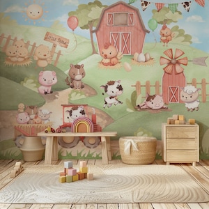Carta da parati per bambini con animali da fattoria, murale da parete per fattoria, stacca e attacca, decorazione per la cameretta dei bambini