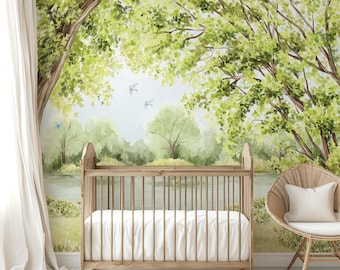 Papier peint aquarelle forêt pour chambre d'enfant, décoration murale boisée avec lac et arbres, amovible, décoration naturelle pour chambre de bébé