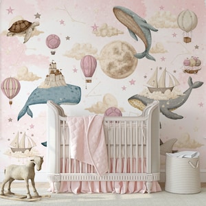 Carta da parati per bambini con balene, acquerello, animali dell'oceano, stacca e attacca, arte murale, spazio e stelle, decorazione per la cameretta dei bambini