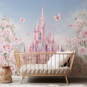 Carta da parati per bambini con principessa e castello, regno magico delle fiabe, stacca e attacca, decorazione murale per la stanza delle bambine, carta da parati floreale