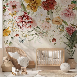 Carta da parati floreale pastello con motivo ad acquerello, peonia, decorazione da parete per cameretta delle bambine, grandi rose