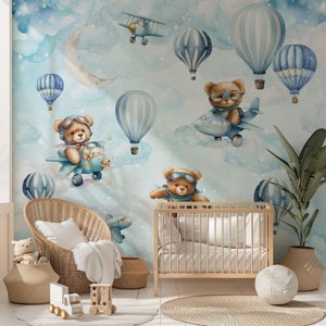 Carta da parati per bambini con mongolfiera blu, orsetto volante, aviatore, decorazione murale per la stanza dei ragazzi, cielo e nuvole