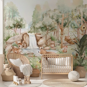 Papier peint pour chambre d'enfants, animaux de la forêt, art mural forestier, arbres aquarelles, animaux sauvages, décoration pour chambre d'enfants