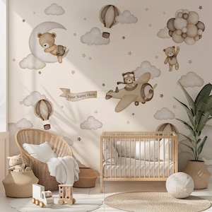 Carta da parati per bambini con mongolfiera, orsetto volante, aviatore, murale, aeroplani, arte murale, decorazione per la stanza dei ragazzi, cielo e nuvole