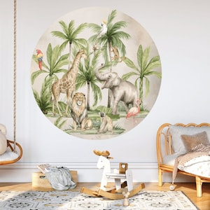 Safari animals Nursery wall decal, Jungle animals, Tropical monkey sticker, Wall decal for kids, Wild watercolor animals, round wall sticker