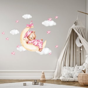 Teddy bear on the moon, Nursery wall decal, Watercolor forest animals, Baby girl wall decor, Stars wall sticker