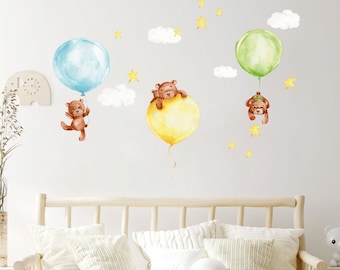 Forest animals wall sticker, Nursery wall decal, Sleeping bear with balloons, Watercolor animals, Teddy brear wall sticker