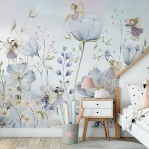 Fairy Nursery Wallpaper Watercolor Floral Wall Mural Peel and Stick ...