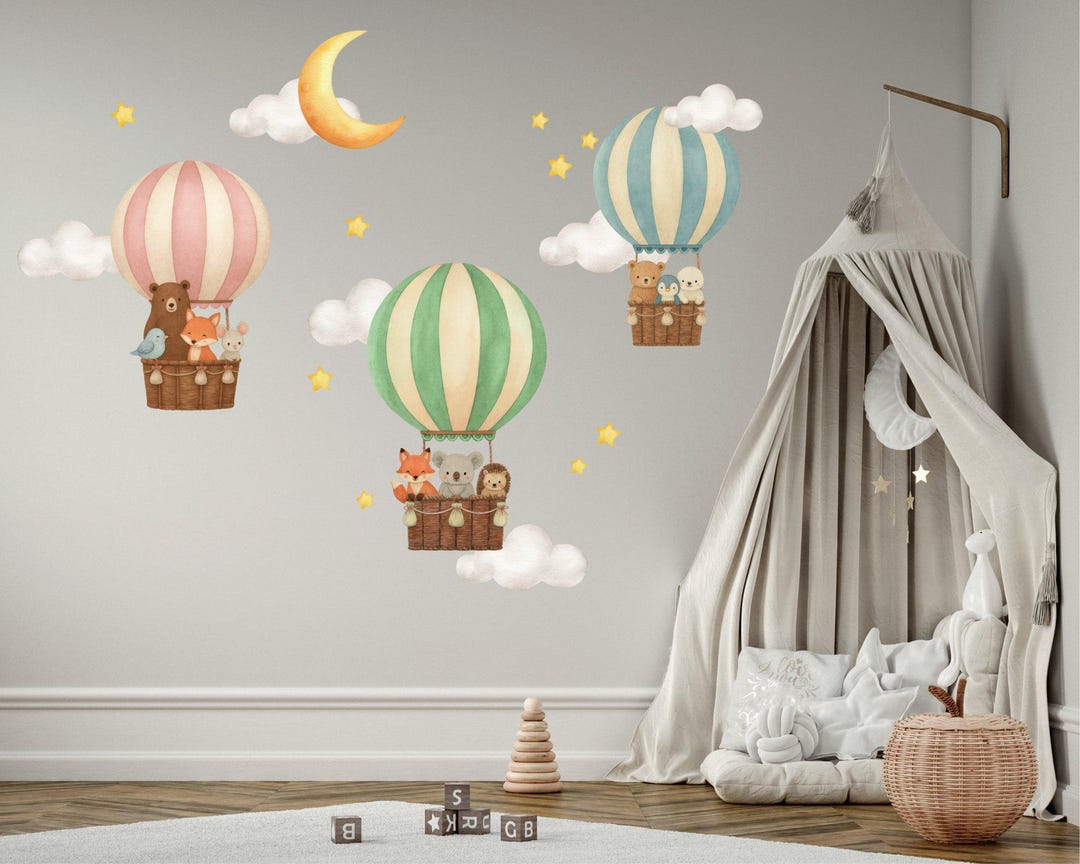 Hot Air Balloon Nursery Wall Decals Watercolor Animal Wall Stickers for ...