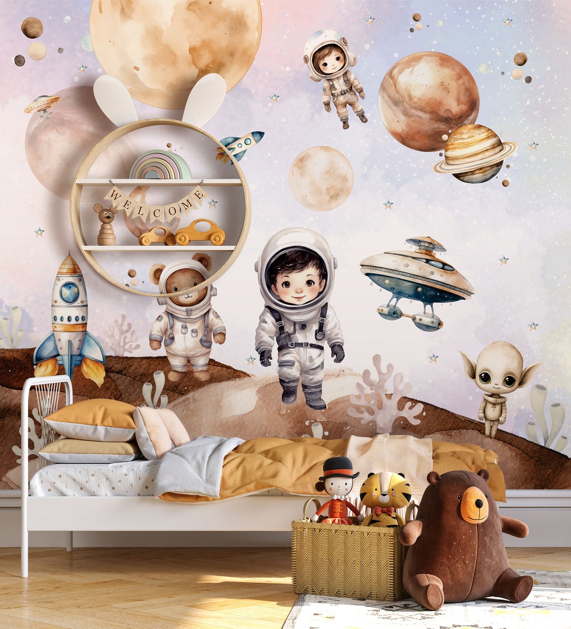 Space and Planets Nursery Wallpaper Astronaut Peel and Stick Wall Mural ...