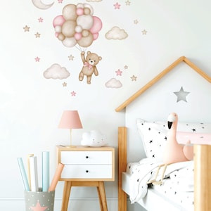 Teddy bear with air balloons, Nursery wall decal, Wall decal for kids, Watercolor animals wall decor, Baby girl wall sticker image 10