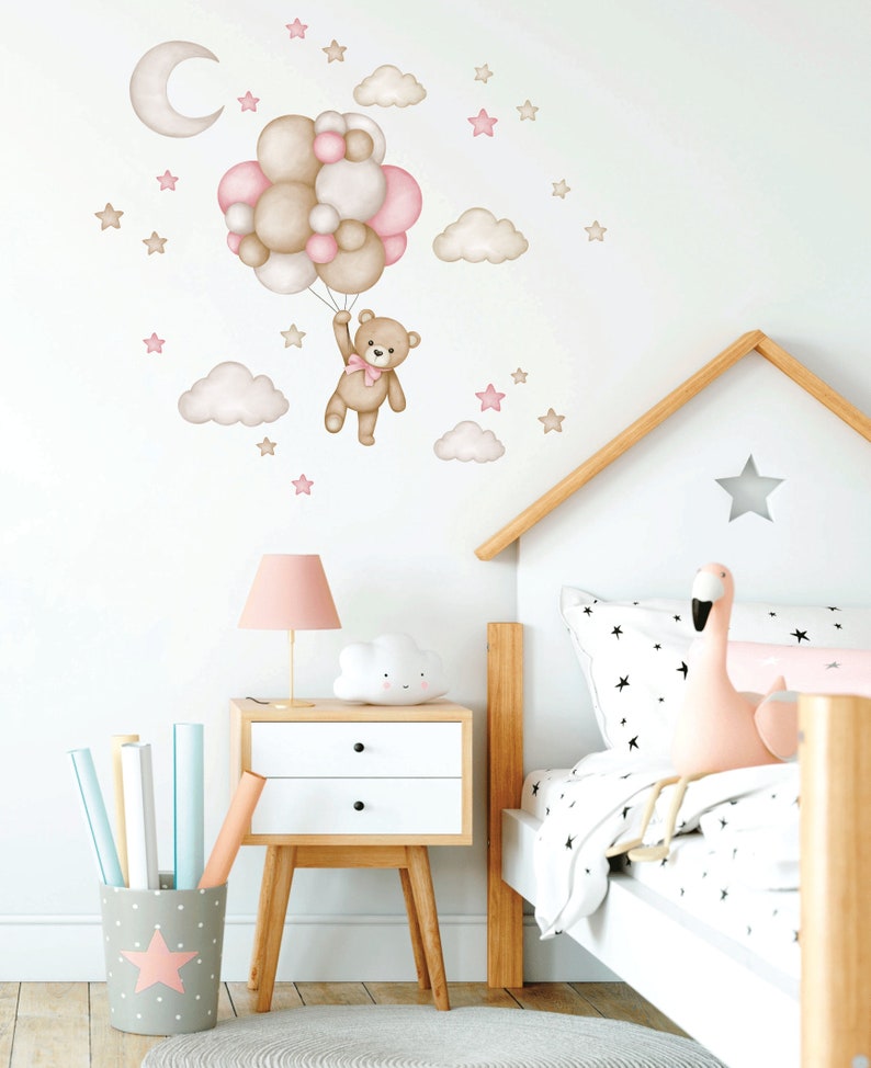 Teddy bear with air balloons, Nursery wall decal, Wall decal for kids, Watercolor animals wall decor, Baby girl wall sticker imagem 10