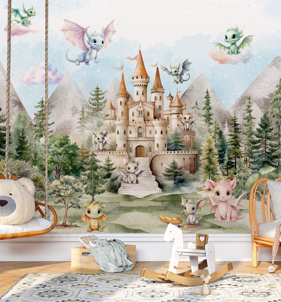 Dragon Nursery Wallpaper Fairy Castle Wall Art Sky and