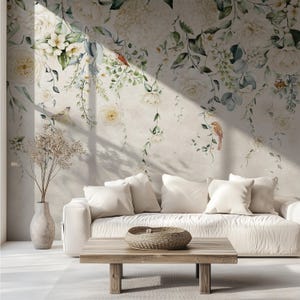 Papier peint fleurs blanches pastel aquarelle florale murale fleur de pivoine à peler et coller Décoration murale pour chambre de fille grand hortensia
