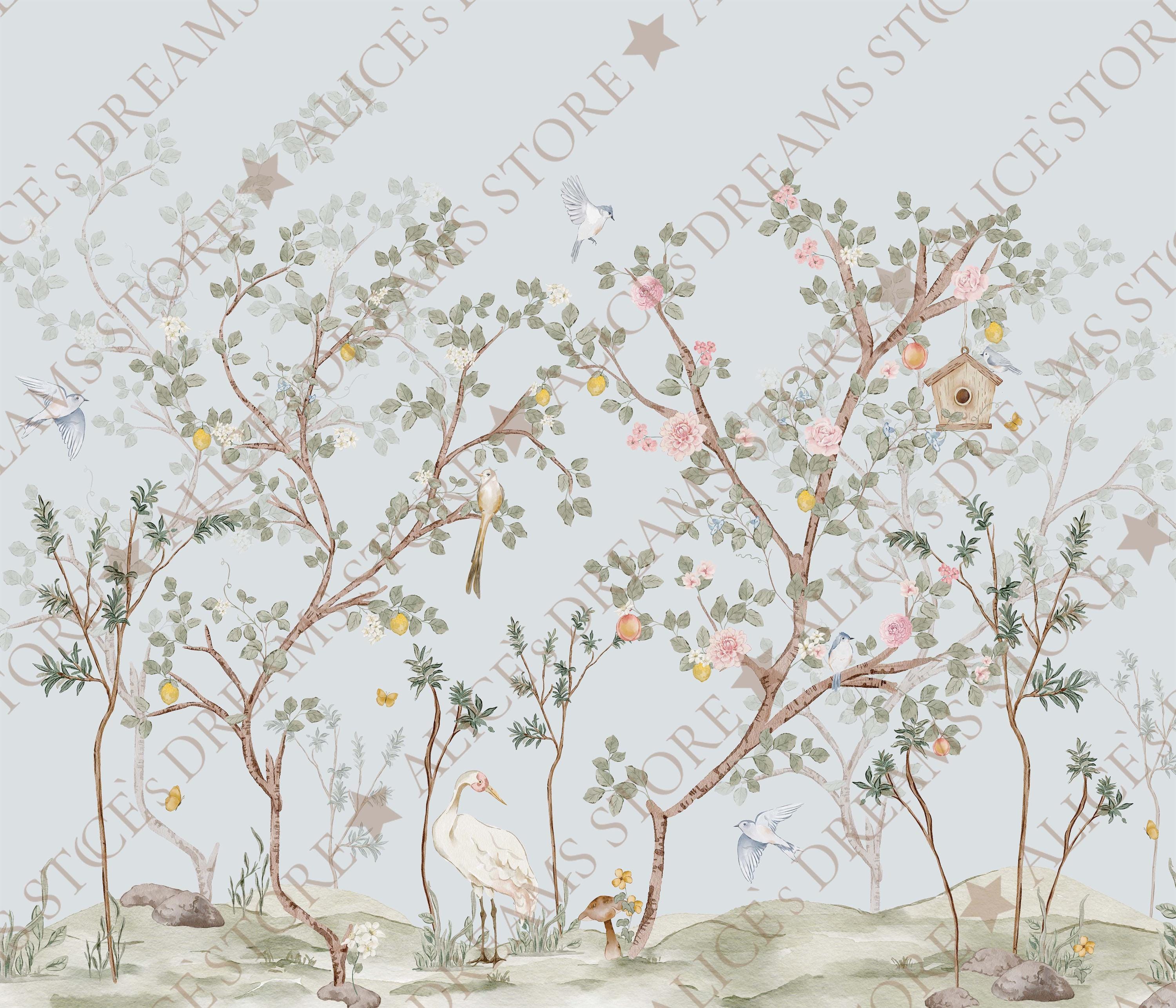 Chinoiserie Nursery Wallpaper Botanical Birds and Blossoms Woodland ...