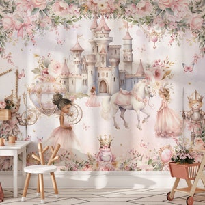 Papier peint princesse et château pour chambre d'enfant, royaume magique, conte de fées, papier peint autocollant, décoration murale pour chambre de filles, papier peint floral image 8