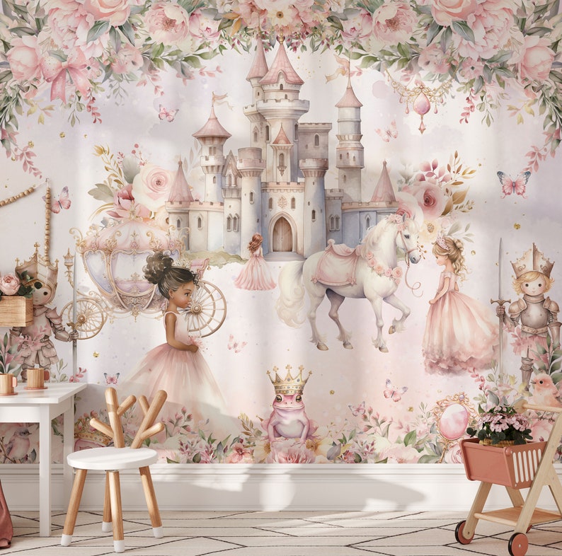 Papier peint princesse et château pour chambre d'enfant, royaume magique, conte de fées, papier peint autocollant, décoration murale pour chambre de filles, papier peint floral image 8