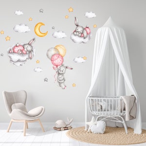 Décalque de mur de pépinière de ballon à air chaud, animaux de safari d'aquarelle, autocollant de mur d'arc-en-ciel, décor de chambre de bébé fille, image 5