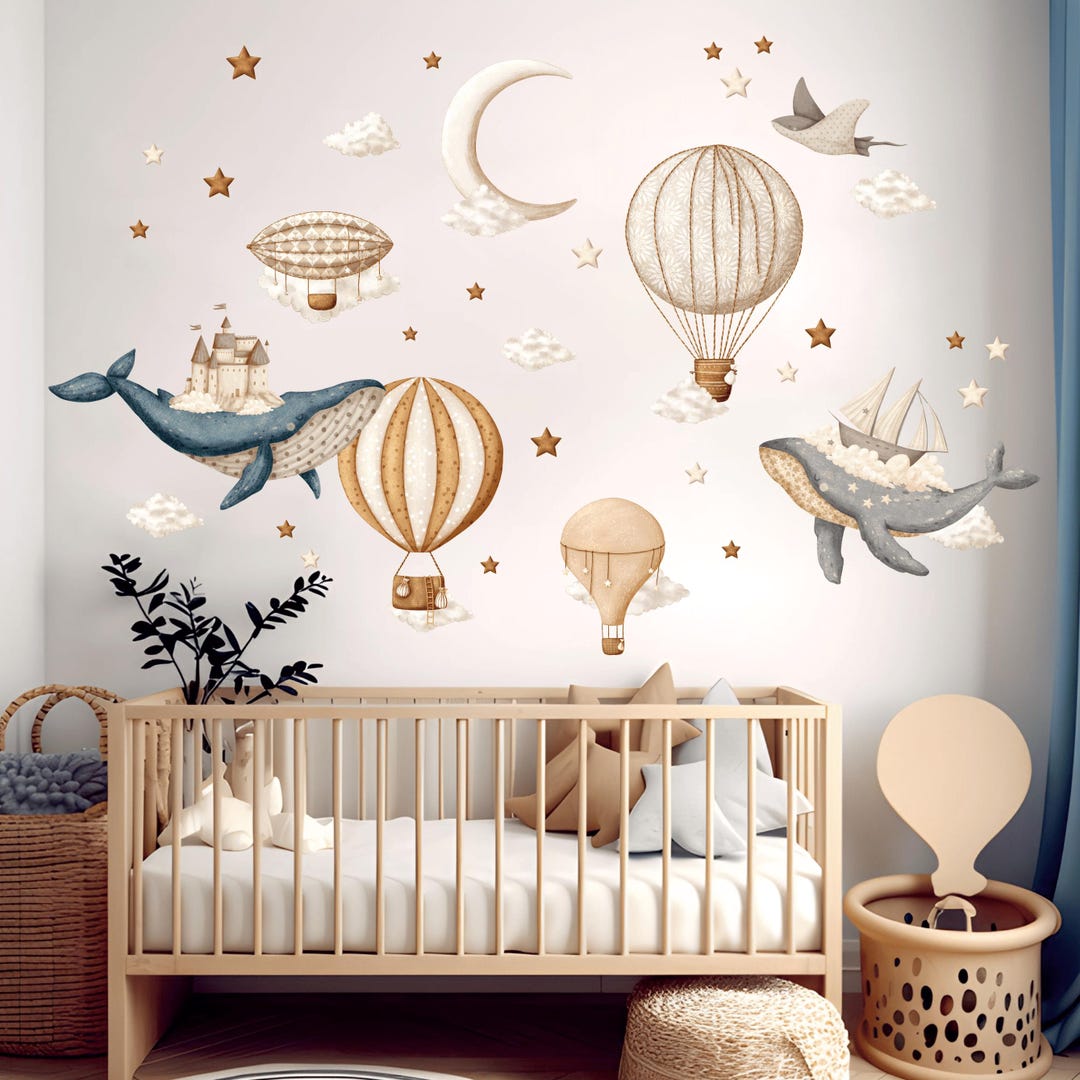 Curated visual reference: Fresh Look at Whale And Hot Air Balloon Nursery Wall Decal Whimsical Sky