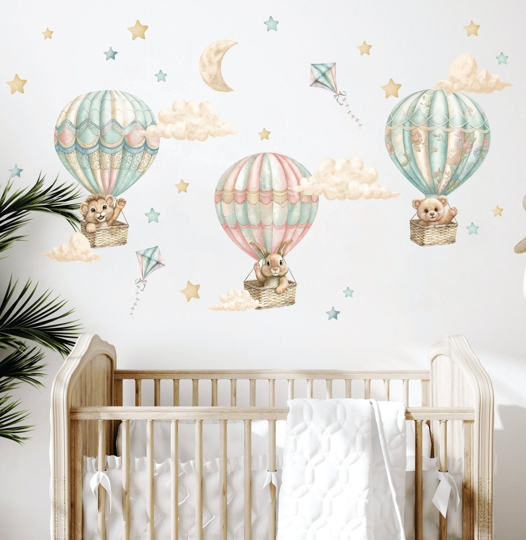Hot Air Balloon Wall Decal, Nursery Decal, Watercolor Safari Animals ...