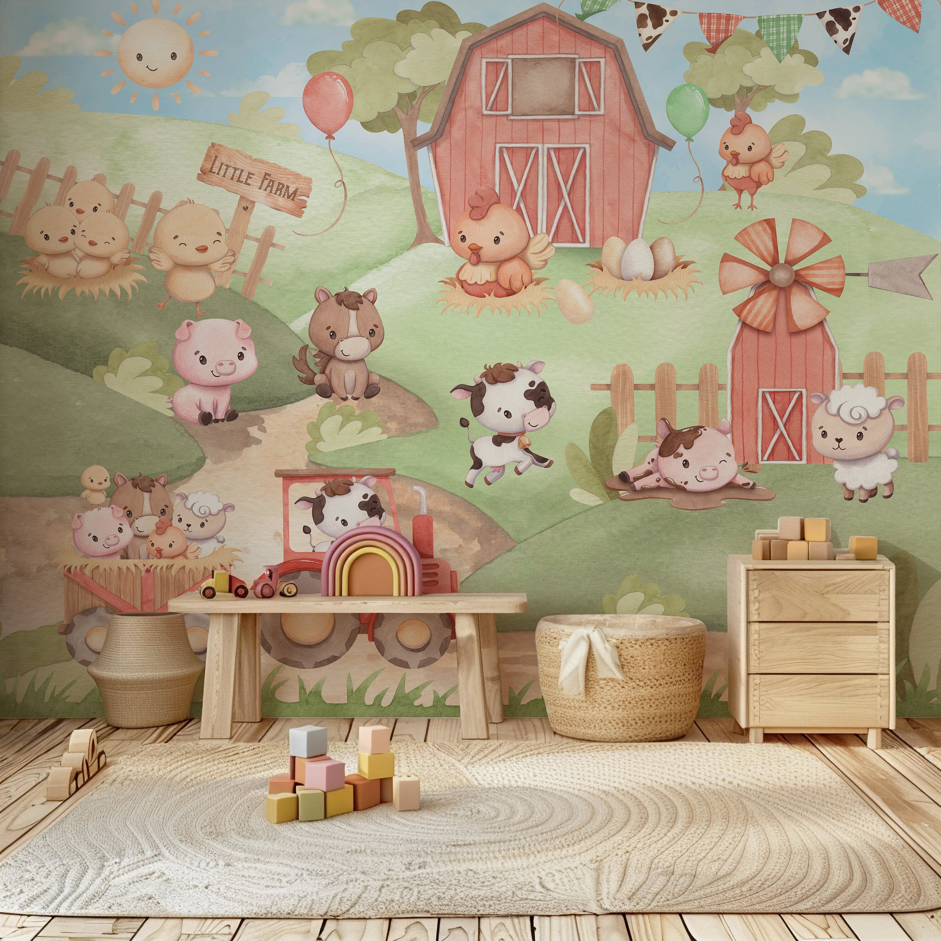 Farm Animals Nursery Wallpaper Farmhouse Wall Mural Peel And Stick Kids Room Decor