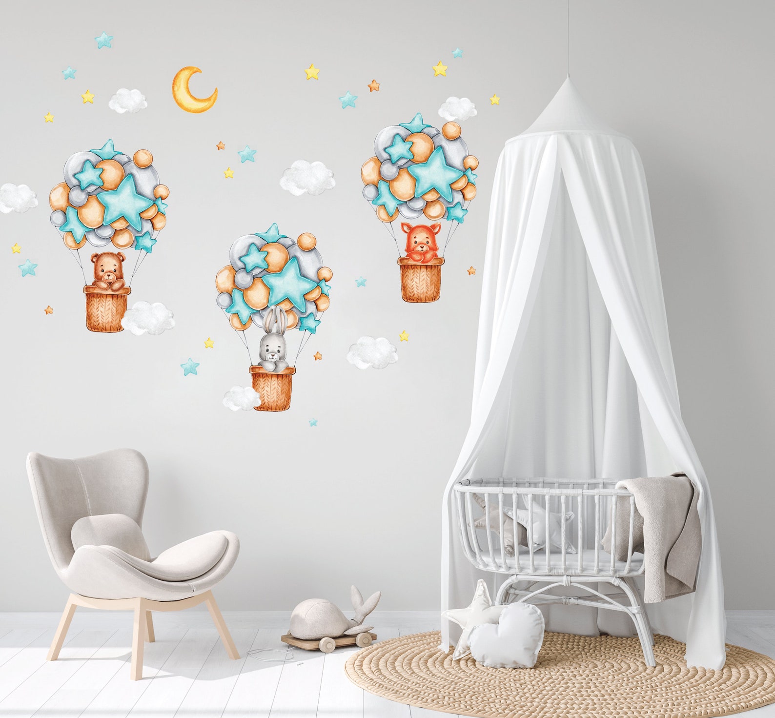 Hot Air Balloon Nursery Wall Decal, Watercolor Forest Animals Bunny ...