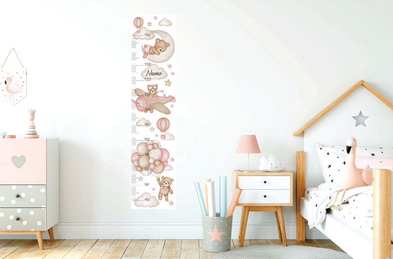 Personalised Teddy bear with air balloons, Nursery wall decal, Kids wall decal, Watercolor animals, Hot air balloon, Airplane wall sticker Height chart CM