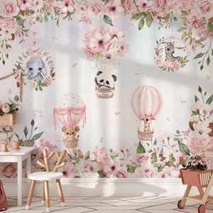Carta da parati personalizzata con mongolfiera e animali del safari, decorazione murale floreale per la cameretta della bambina.
