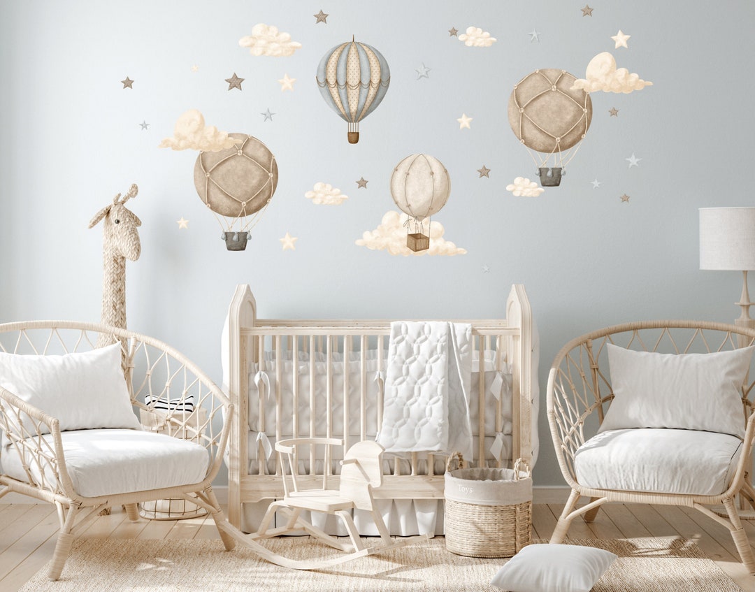 Hot Air Balloon Nursery Wall Decal, Clouds and Stars Wall Sticker, Kids