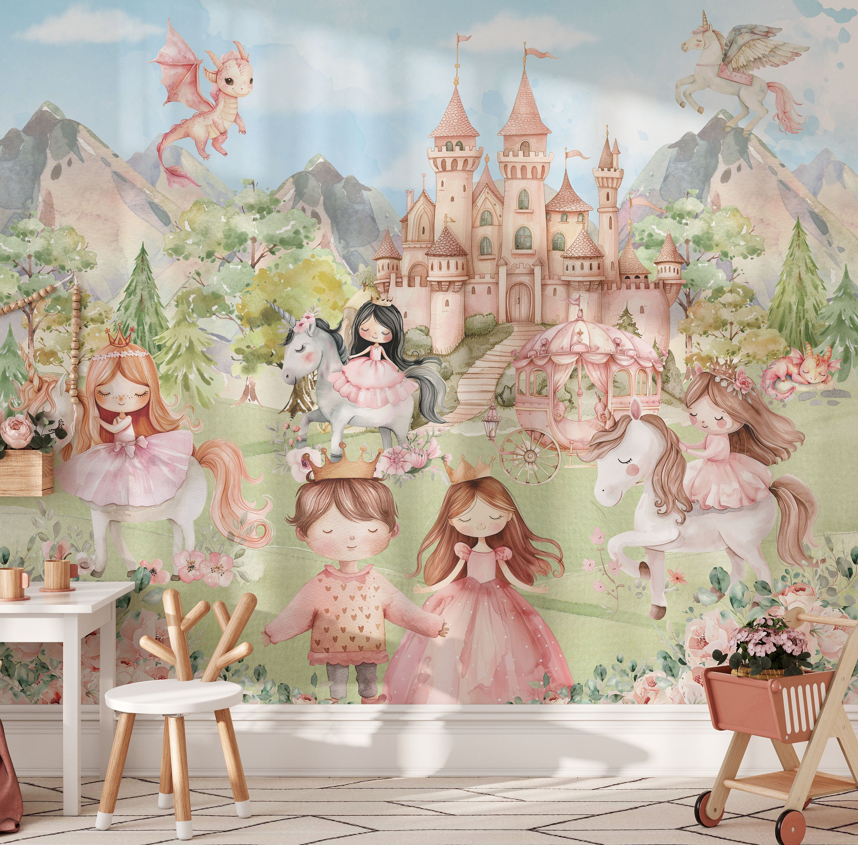 Princess and Castle Nursery Wallpaper Magic Kingdom Fairytale Peel and ...