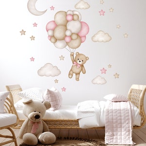 Ours en peluche avec des ballons à air, décalcomanie murale de chambre denfant, décalcomanie murale pour enfants, décoration murale danimaux aquarelle, autocollant mural de bébé fille 1 teddy bear L size