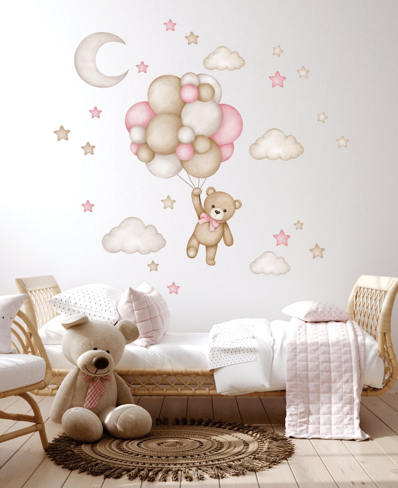 Teddybär mit Heißluftballons, Wandtattoo für Kinderzimmer, Wandtattoo Aquarell Tiere, Wandtattoo Baby Mädchen 1 teddy bear L size